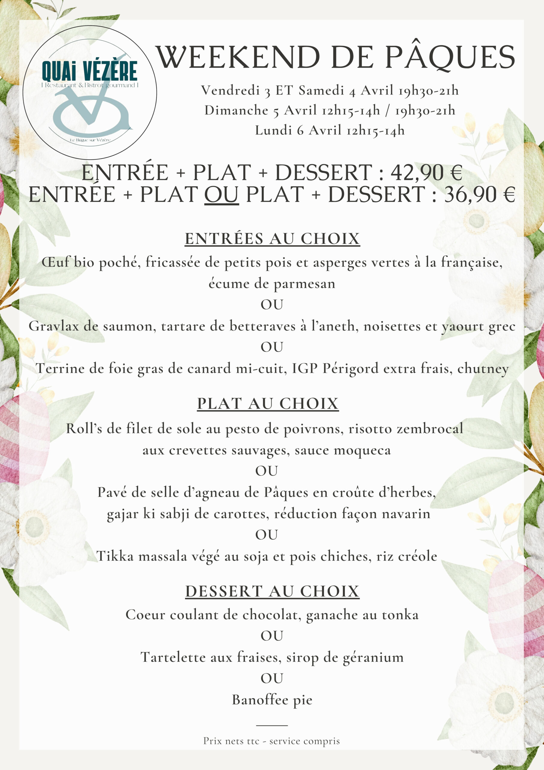 Menu A4 Restaurant Pâques Floral Elégant